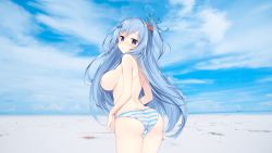 Rule 34 | 1girl, artist request, ass, blue eyes, blue hair, blue sky, blush, breasts, cloud, cloudy sky, day, emori miku, hair ornament, hair over breasts, hairclip, highres, large breasts, liver city, long hair, looking at viewer, open mouth, panties, sky, solo, striped clothes, striped panties, topless, underwear