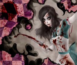 Rule 34 | 1girl, alice: madness returns, alice (alice in wonderland), alice in wonderland, alice liddell (american mcgee&#039;s alice), american mcgee&#039;s alice, apron, black hair, blood, blood on face, blood stain, dress, genk, green eyes, heart, heart-shaped pupils, highres, knife, lipstick, long hair, looking back, makeup, realistic, ribbon, solo, symbol-shaped pupils, weapon