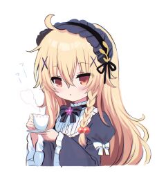 Rule 34 | 1girl, :o, absurdres, black dress, black hairband, blonde hair, blowing on food, blush, braid, brown eyes, commentary request, cup, dress, flower knight girl, frilled hairband, frills, gothic lolita, hair between eyes, hair bobbles, hair ornament, hairband, hands up, highres, holding, holding cup, holding saucer, juliet sleeves, kuko (flower knight girl), lolita fashion, long hair, long sleeves, looking at viewer, parted lips, puffy sleeves, saucer, shiodome oji, simple background, single braid, solo, steam, teacup, upper body, white background, x hair ornament