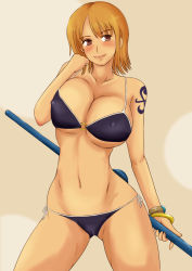 Rule 34 | 1girl, bikini, blush, bracelet, breasts, brown eyes, cleavage, highres, jewelry, large breasts, looking to the side, momo 765, nami (one piece), navel, one piece, orange hair, pirate, short hair, solo, swimsuit