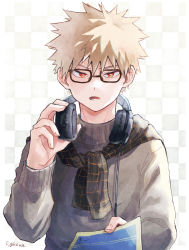 Rule 34 | 1boy, adcalcium, alternate costume, bakugou katsuki, bespectacled, black-framed eyewear, black scarf, blonde hair, boku no hero academia, checkered background, commentary request, glasses, grey sweater, headphones, headphones around neck, highres, holding, holding paper, long sleeves, looking at viewer, male focus, open mouth, paper, red eyes, scarf, short hair, signature, solo, spiked hair, sweater, upper body, white background