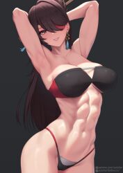 Rule 34 | 1girl, abs, alternate costume, armpits, arms up, beidou (genshin impact), bikini, black background, black bikini, blush, breasts, brown hair, cameltoe, cleavage, colored eyepatch, commentary, cowboy shot, earrings, eyepatch, fanbox username, genshin impact, grin, hair ornament, hair stick, jewelry, large breasts, long hair, looking at viewer, muscular, muscular female, navel, one eye covered, parted lips, patreon username, presenting armpit, putcher, red bikini, red eyes, simple background, single hair intake, smile, solo, standing, swimsuit, tassel, tassel earrings, two-tone bikini, watermark, web address