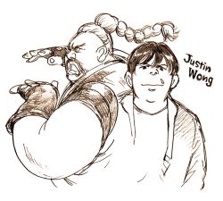 Rule 34 | 2boys, character name, fat, fat man, fighting stance, justin wong (gamer), kduhcs, monochrome, multiple boys, ponytail, real life, rufus (street fighter), street fighter, traditional media