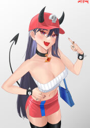 Rule 34 | 1girl, :d, absurdres, bag, bare arms, bare shoulders, baseball cap, black choker, black hair, black thighhighs, bracelet, breasts, chicken dduck, choker, cleavage, commentary, cowboy shot, demon horns, demon tail, fang, gradient background, grey background, hand up, handbag, hat, highres, horns, jewelry, large breasts, long hair, looking at viewer, midriff, miniskirt, navel, open mouth, orange eyes, original, pencil skirt, red hat, red skirt, skin fang, skirt, smile, solo, spiked bracelet, spikes, standing, stomach, strapless, tail, thighhighs, thighs, tube top, very long hair