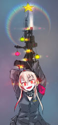 Rule 34 | 1girl, bauble, bayonet, bipod, black sweater, blonde hair, character request, christmas, christmas ornaments, christmas star, commentary request, cyp tw, flashlight, girls&#039; frontline, gun, long hair, m4 sopmod ii (girls&#039; frontline), rainbow, red eyes, rifle, simple background, sweater, tagme, weapon, weapon request, zipper