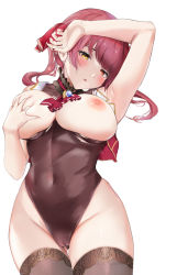 Rule 34 | 1girl, ajirou, armpits, bow, breasts, cameltoe, cleavage, cleft of venus, covering privates, covering breasts, hair ribbon, heterochromia, highres, hololive, houshou marine, leotard, nipples, red bow, red eyes, red hair, ribbon, simple background, skindentation, solo, thighhighs, twintails, virtual youtuber, yellow eyes
