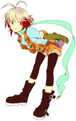 Rule 34 | 1girl, arms behind back, black leggings, blue shirt, boots, gloves, knee boots, leaning forward, leggings, legs, multicolored hair, orange eyes, pascal (tales), red hair, scarf, shirt, smile, solo, tales of (series), tales of graces, two-tone hair, white hair