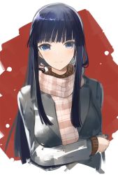 Rule 34 | 1girl, aquaplus, arms under breasts, black hair, blue eyes, blush, breasts, closed mouth, coat, crossed arms, gradient eyes, highres, hime cut, large breasts, long hair, long sleeves, looking at viewer, multicolored eyes, pink scarf, plaid, plaid scarf, pupps, scarf, sidelocks, smile, snow, snowing, solo, touma kazusa, very long hair, white album, white album (series), white album 2, winter clothes, winter coat