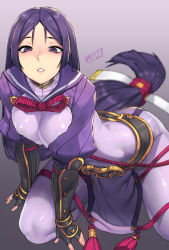 Rule 34 | 1girl, arm guards, arms at sides, artist name, black gloves, blush, bodysuit, breasts, covered erect nipples, fate/grand order, fate (series), fingerless gloves, gloves, gradient background, half-closed eyes, highres, japanese clothes, jjune, kneeling, large breasts, long hair, low-tied long hair, minamoto no raikou (fate), parted lips, pelvic curtain, pink lips, purple bodysuit, purple eyes, purple hair, purple sailor collar, rope, sailor collar, shiny clothes, skin tight, smile, solo, tassel, teeth, very long hair