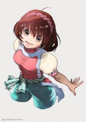 Rule 34 | 1girl, :d, breasts, brown eyes, brown hair, gensou suikoden, gensou suikoden ii, hairband, highres, looking at viewer, macrib, medium breasts, nanami (suikoden), open mouth, pants, shirt, short hair, simple background, smile, solo
