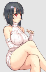 Rule 34 | 10s, 1girl, bare shoulders, black hair, blunt bangs, breasts, cosplay, crossed legs, detached sleeves, dress, kantai collection, large breasts, legs, red eyes, ribbed dress, ribbed sweater, seaport hime (cosplay), seaport princess, short dress, short hair, sitting, solo, sweater, sweater dress, takao (kancolle), thighs, yuuji (and)