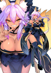 Rule 34 | 1girl, animal ear fluff, animal ears, breasts, dark-skinned female, dark skin, detached sleeves, fate/extra, fate (series), fox ears, fox girl, fox tail, highres, japanese clothes, large breasts, long hair, long sleeves, looking at viewer, multiple views, nail polish, parted lips, purple hair, purple nails, smile, tail, tamamo (fate), tamamo no mae (fate/extra), teeth, thighhighs, thighs, white background, wisespeak, yellow eyes