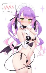 Rule 34 | 1girl, absurdres, bikini, blush, bow, bowtie, breasts, cocozasa, demon tail, demon wings, ear piercing, elbow gloves, gloves, green eyes, hair ornament, hairclip, highres, hololive, long hair, looking at viewer, maid headdress, multicolored hair, piercing, pink hair, purple hair, single elbow glove, small breasts, solo, swimsuit, tail, tokoyami towa, twintails, virtual youtuber, wings