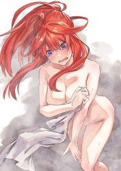 Rule 34 | 1girl, antenna hair, arm across chest, blush, breasts, cleavage, commentary request, completely nude, covering privates, covering breasts, covering crotch, embarrassed, eyebrows hidden by hair, faux traditional media, feet out of frame, floating hair, go-toubun no hanayome, hair between eyes, hand up, highres, holding, holding towel, large breasts, long hair, nakano itsuki, nude, open mouth, ponytail, purple eyes, red hair, sakazuki sudama, sidelocks, solo, standing, towel, water drop
