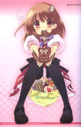 Rule 34 | 1girl, ahoge, black thighhighs, blush, brown eyes, brown hair, chocolate, flyable heart, gift, hair ornament, hairclip, heart, heart ahoge, highres, holding, holding gift, inaba yui, incoming gift, ito noizi, mouth hold, school uniform, sitting, smile, solo, thighhighs