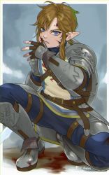 Rule 34 | 1boy, armor, armored boots, artist name, blonde hair, blood, blood on face, blue eyes, blue pants, blue shirt, boots, border, brown gloves, earrings, fingerless gloves, gloves, hand up, highres, holding, holding sword, holding weapon, injury, ivy (sena0119), jewelry, link, looking at viewer, lower teeth only, male focus, nintendo, on one knee, pants, pointy ears, shirt, shoulder armor, shoulder plates, soldier&#039;s set (zelda), solo, sword, teeth, the legend of zelda, the legend of zelda: breath of the wild, tunic, vambraces, weapon, white border