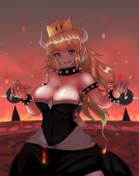 Rule 34 | 1girl, :d, armlet, black collar, black dress, blonde hair, blue eyes, bowsette, bracelet, breasts, cleavage, collar, collarbone, crown, dress, earrings, embers, fire, highres, horns, jewelry, large breasts, long hair, looking at viewer, mario (series), new super mario bros. u deluxe, nintendo, open mouth, smile, solo, spiked bracelet, spiked collar, spikes, super crown, super mario 64, take (trude1945oneetyan), turtle shell
