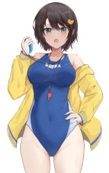 Rule 34 | 1girl, bare shoulders, blue eyes, blue one-piece swimsuit, breasts, brown hair, competition swimsuit, covered navel, cowboy shot, duck hair ornament, hair between eyes, hand on own hip, highres, holding, hololive, jacket, large breasts, long sleeves, looking at viewer, off shoulder, one-piece swimsuit, oozora subaru, open clothes, open jacket, open mouth, short hair, shuuzo3, simple background, solo, standing, swimsuit, virtual youtuber, whistle, whistle around neck, white background, yellow jacket