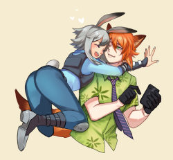 Rule 34 | 1boy, 1girl, :d, ^ ^, animal ears, arms around neck, ass, back, bad id, bad pixiv id, beige background, belt, belt pouch, black gloves, blue pants, blue shirt, boots, cellphone, cheek press, closed eyes, collared shirt, disney, dress shirt, fox ears, fox tail, gloves, green shirt, grey hair, grey nails, heart, hetero, hiruchan, holding, holding phone, hug, judy hopps, long sleeves, looking at viewer, nail polish, necktie, nick wilde, one eye closed, open mouth, orange hair, pants, personification, phone, police, police uniform, pouch, print shirt, rabbit ears, rabbit tail, shirt, short sleeves, simple background, smile, striped necktie, striped neckwear, tail, uniform, yellow background, zootopia