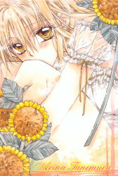 Rule 34 | 1girl, blonde hair, covering face, covering own mouth, covering privates, female focus, flower, looking at viewer, official art, otomiya haine, plant, shinshi doumei cross, short sleeves, sitting, solo, sunflower, tanemura arina, traditional media, yellow eyes