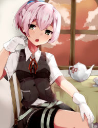 Rule 34 | 10s, 1girl, bike shorts, bike shorts under skirt, blouse, chair, collared shirt, cup, from side, gloves, green eyes, hair ornament, highres, indoors, kantai collection, looking at viewer, neck ribbon, open mouth, personification, pink hair, pleated skirt, ponytail, red ribbon, ribbon, saucer, school uniform, serafuku, shiranui (kancolle), shirt, short hair, short sleeves, shorts, shorts under skirt, sitting, skirt, solo, table, tablecloth, teacup, teapot, vest, white gloves, white shirt, window, zinpati