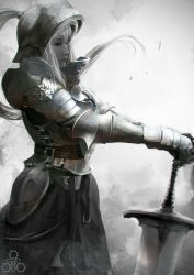 Rule 34 | 1girl, armor, breastplate, commentary, english commentary, faulds, female knight, full armor, gauntlets, hair through headwear, helmet, highres, huge weapon, knight, lips, long hair, monochrome, nose, original, planted sword, planted, plate armor, ponytail, realistic, redrawn, skirt, solo, sword, watermark, weapon, xfiro