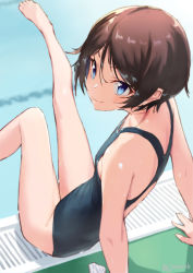 Rule 34 | 1girl, arm support, bare arms, bare legs, bare shoulders, barefoot, black hair, black one-piece swimsuit, blue eyes, blush, closed mouth, commentary request, competition swimsuit, flat chest, from behind, gridman universe, highres, jonsun, leaning back, legs up, looking at viewer, looking back, namiko, one-piece swimsuit, outstretched leg, pool, short hair, sitting, smile, solo, ssss.gridman, swimsuit, twitter username, water, water drop