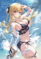 Rule 34 | 1girl, absurdres, ahoge, arm up, armpits, ass, bare shoulders, bead bracelet, beads, bikini, black bikini, blonde hair, bow, bracelet, breasts, cleavage, cowboy shot, dutch angle, earrings, gomashio ponz, hair bow, half updo, highres, jacket, jewelry, long hair, looking at viewer, medium breasts, necklace, off shoulder, open clothes, open jacket, original, parted lips, purple eyes, sandals, unworn sandals, side-tie bikini bottom, skindentation, solo, standing, string bikini, swimsuit, thigh strap, thighs, twisted torso, white jacket
