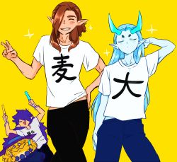 Rule 34 | 4boys, black pants, blue hair, blue pants, brown hair, cowboy shot, closed eyes, fengxi (the legend of luoxiaohei), hand on own hip, highres, long hair, luozhu (the legend of luoxiaohei), md smpq, multiple boys, pants, pointy ears, print shirt, purple hair, shirt, short sleeves, simple background, smile, luo xiaohei zhanji, tianhu (the legend of luoxiaohei), v, white shirt, xuhuai (the legend of luoxiaohei), yellow background