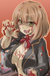 Rule 34 | 1girl, amputee, black jacket, blazer, blood, blood on breasts, blood on clothes, blood on face, blood on hands, blood on leg, blush, bow, bowtie, breasts, brown hair, cafe no zombi-ko, cafe no zombi-ko (1st costume), censored, cleavage, collared shirt, commentary request, green eyes, highres, indie virtual youtuber, jacket, large breasts, looking at viewer, midriff, mosaic censoring, open clothes, open jacket, open mouth, orange background, red bow, red bowtie, shirt, shojin say, short hair, smile, solo, torn clothes, torn jacket, torn shirt, upper body, virtual youtuber, white shirt, zombie