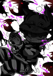 Rule 34 | 1boy, air bubble, beanie, belt, belt buckle, blood, blood drop, bound, bound wrists, bright pupils, bubble, buckle, buttons, cigarette, clenched hands, collared jacket, commentary, commentary request, cuffs, danganronpa (series), danganronpa v3: killing harmony, english commentary, fake horns, falling, feet out of frame, greyscale, handcuffs, hat, highres, horned headwear, horns, hoshi ryoma, jacket, lapels, leather, leather jacket, long sleeves, looking at viewer, male focus, mixed-language commentary, monochrome, mouth hold, pants, parted lips, pink blood, piranha, pocket, restrained, scythe-of-petals, solo, spoilers, spot color, striped clothes, striped pants, two-tone pants, white background, white pupils