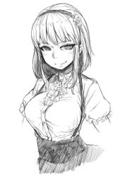 Rule 34 | 10s, 1girl, bad id, bad twitter id, blouse, blush, breasts, closed mouth, commentary request, dagashi kashi, flower, greyscale, hair flower, hair ornament, hairband, high-waist skirt, large breasts, looking at viewer, monochrome, nucomas, puffy short sleeves, puffy sleeves, ringed eyes, shidare hotaru, shirt, short hair, short sleeves, simple background, sketch, skirt, smile, solo, suspender skirt, suspenders, upper body, white background