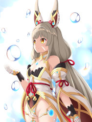 Rule 34 | 1girl, :3, animal ears, bare shoulders, breasts, bubble, cowboy shot, detached sleeves, facial mark, gloves, highleg, highleg leotard, highres, leotard, long hair, nia (blade) (xenoblade), nia (xenoblade), nintendo, niyah, silver hair, simple background, small breasts, smile, solo, spoilers, twintails, very long hair, white background, white gloves, xenoblade chronicles (series), xenoblade chronicles 2, yellow eyes, yukiha kanade