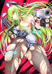 Rule 34 | 1girl, animal ears, ass, backless outfit, black hairband, breasts, c.c., code geass, dual wielding, fake animal ears, fake tail, fishnet pantyhose, fishnets, floating hair, from behind, from below, green hair, grey leotard, gun, hairband, handgun, holding, holding gun, holding weapon, leotard, long hair, looking at viewer, looking back, looking down, marker (medium), medium breasts, nail polish, pantyhose, partially visible vulva, playboy bunny, rabbit ears, rabbit tail, red background, red nails, sample watermark, sideboob, skindentation, solo, standing, tail, torn clothes, torn pantyhose, traditional media, very long hair, watermark, weapon, yellow eyes, yqgkg