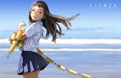Rule 34 | 1girl, artist name, blue skirt, blue sky, brown eyes, brown hair, collared shirt, cowboy shot, day, floating hair, from side, hand up, holding, horizon, long hair, looking at viewer, looking back, looking to the side, miniskirt, murata range, ocean, original, outdoors, parted lips, pleated skirt, shirt, short sleeves, skirt, sky, smile, solo, standing, white shirt, wind