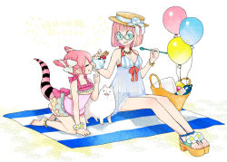 Rule 34 | 2girls, anklet, balloon, barefoot, basket, blue eyes, bracelet, breasts, closed eyes, food, glasses, hat, jewelry, l hakase, large breasts, livly island, multiple girls, necklace, open mouth, pink hair, platform footwear, see-through, short hair, sitting, tail, tongue, tongue out, white background