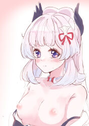 Rule 34 | 1girl, bead necklace, beads, blue hair, blunt bangs, blush, bow-shaped hair, breasts, clothes down, colored tips, genshin impact, highres, horns, jewelry, light blue hair, long hair, looking at viewer, medium breasts, multicolored hair, necklace, nipples, nocknocktt, pink background, pink hair, purple eyes, purple horns, sangonomiya kokomi, shell hair ornament, solo, sweatdrop, upper body