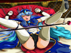 Rule 34 | 1990s (style), 1girl, ass, bdsm, bed, blue eyes, blue hair, blush, bondage, boots, bound, elbow gloves, female focus, forced, gloves, leotard, lying, magic knight rayearth, matching hair/eyes, ryuuzaki umi, solo, spread legs, spreader bar, sweat, thigh boots, thighhighs, underwear, wince