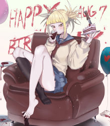 Rule 34 | 1girl, balloon, barefoot, boku no hero academia, cake, cup, drinking, feet, food, highres, holding, holding cup, holding plate, plate, sweater, toga himiko, zd (pixiv6210083)