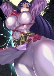 Rule 34 | 1girl, absurdres, arms behind head, arms up, black gloves, bodysuit, breasts, elbow gloves, fate/grand order, fate (series), from below, full moon, gloves, highres, large breasts, latex, latex bodysuit, lightning, long hair, looking at viewer, minamoto no raikou (fate), moon, parted bangs, pelvic curtain, perspective, purple bodysuit, purple eyes, purple hair, ribbed sleeves, rope, shaded face, skin tight, smile, thighs, very long hair, volyz