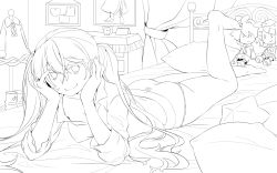 Rule 34 | 1girl, alarm clock, arm support, bed, bedroom, breasts, brother and sister, character doll, cleavage, clock, greyscale, hatsune miku, highres, kagamine len, kagamine rin, lineart, long hair, lying, monochrome, on stomach, panties, shirane koitsu, siblings, sleeves pushed up, smile, twintails, underwear, very long hair, vocaloid