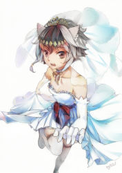 Rule 34 | 1girl, bare shoulders, bell, neck bell, brown eyes, collar, collarbone, dress, grey hair, hair ornament, highres, jackal (warship girls r), kelang, open mouth, outstretched arm, red sash, sash, short hair, skirt hold, standing, standing on one leg, strapless, strapless dress, teeth, warship girls r, wedding dress, white background, white legwear