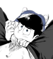 Rule 34 | 10s, 2boys, fellatio, looking at viewer, male focus, matsuno karamatsu, monochrome, multiple boys, oral, osomatsu-kun, osomatsu-san, osomatsu (series), penis, size difference, spot color, tagme, white background, yaoi