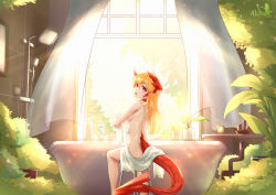 Rule 34 | 1girl, absurdres, alicia leonora, bathroom, blonde hair, covering privates, covering breasts, dragon girl, dragon horns, highres, horns, looking at viewer, monster girl, nude, original, plant, red eyes, self-upload, sitting, sunlight, tail