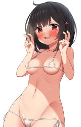 Rule 34 | 1girl, areola slip, bikini, black hair, blush, breasts, collarbone, commentary request, covered erect nipples, double v, granblue fantasy, hands up, hekomii, highres, looking at viewer, medium breasts, micro bikini, nervous smile, open mouth, red eyes, side-tie bikini bottom, simple background, smile, solo, swimsuit, tears, v, vikala (granblue fantasy), wavy mouth, wet, white background, white bikini