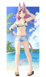 Rule 34 | 1girl, absurdres, alternate costume, animal ear fluff, animal ears, armband, bare shoulders, beach, bikini, breasts, cat ears, cat girl, cat tail, collarbone, duel monster, floral print, highres, large breasts, long hair, meshida (lux-far-accelerator), navel, ocean, pink hair, short shorts, shorts, solo, sunglasses, swimsuit, tail, tri-brigade ferrijit the barren blossom, yellow eyes, yu-gi-oh!