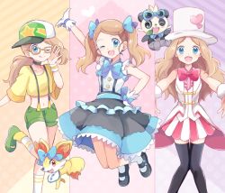 Rule 34 | 1girl, adjusting eyewear, alternate costume, bad id, bad pixiv id, baseball cap, bespectacled, black thighhighs, blue eyes, bow, bowtie, brown hair, clothed pokemon, creatures (company), dress, fennekin, frilled dress, frills, game freak, gen 6 pokemon, glasses, gloves, hair bow, hat, long hair, looking at viewer, mei (maysroom), midriff, nintendo, pancham, pokemon, pokemon (anime), pokemon (creature), serena (pokemon), smile, suspenders, thigh gap, thighhighs, top hat, white gloves, wristband