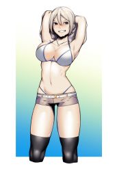 Rule 34 | 1girl, absurdres, arms up, bikini, black thighhighs, blue background, blush, breasts, commentary request, denim, denim shorts, dyun, feet out of frame, gradient background, green background, grey hair, grin, hair between eyes, heart, heart necklace, highleg, highleg bikini, highres, idolmaster, idolmaster cinderella girls, jewelry, large breasts, navel, necklace, outside border, parted lips, shiomi syuko, short hair, short shorts, shorts, simple background, smile, solo, swimsuit, teeth, thighhighs, thighs, wet, white background