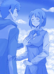 Rule 34 | 1boy, 1girl, ^ ^, blue theme, blush, grabbing another&#039;s breast, breasts, closed eyes, cloud, cloudy sky, collared shirt, commentary, dress shirt, closed eyes, facing another, getsuyoubi no tawawa, grabbing, groping, hands up, hetero, hood, hoodie, kimi no na wa., large breasts, looking at another, miyamizu mitsuha, monochrome, parody, parted lips, pleated skirt, ponpon, school uniform, shirt, short hair, skirt, sky, smile, style parody, sweater vest, tachibana taki