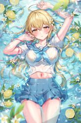 Rule 34 | 1girl, ahoge, arm up, blue skirt, blush, bow, bowtie, bra, breasts, cleavage, flower, food, fruit, gomashio ponz, hair bow, hair ornament, highres, large breasts, lemon, long hair, looking at viewer, navel, original, parted lips, partially submerged, pleated skirt, sailor collar, school uniform, see-through, see-through shirt, shirt, skirt, solo, underwear, wet, wet clothes, white shirt, yellow bra, yellow eyes